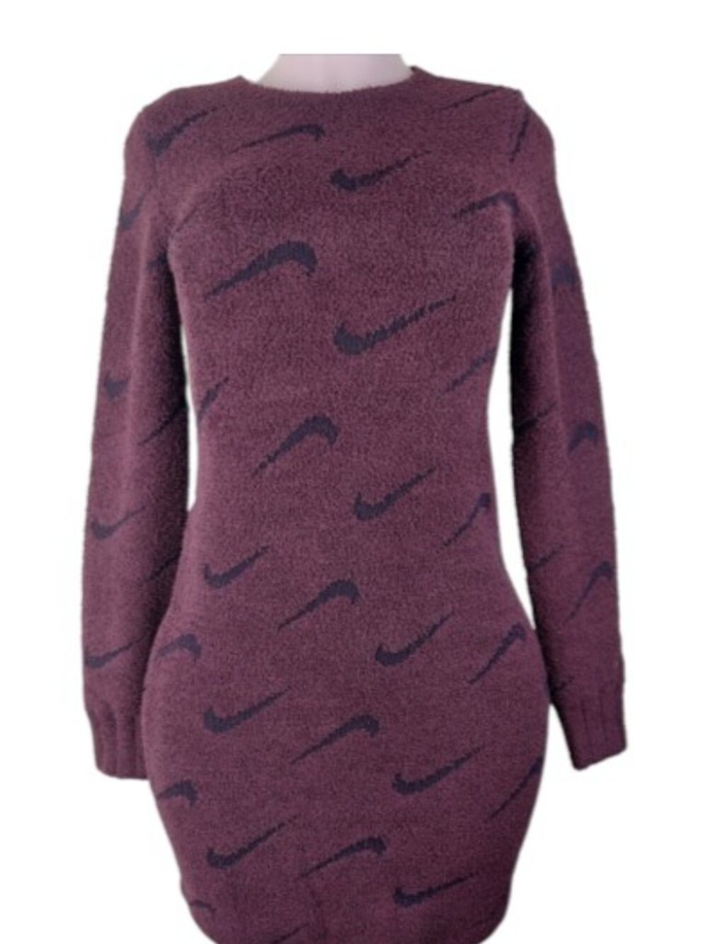 Nike Women's Burgundy Black Crew Neck Logo Fleece Sweater Mini Dress Size S